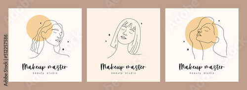 Set of logos design for makeup artist or master. Abstract woman faces with closed eyes. Hand drawn outline female silhouettes. Vector illustration in one line drawing style.