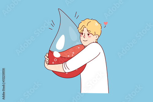 Man is holding drop with blood suffering from low sugar blood level. Guy struggle from hypoglycemia or anemia. Diabetes problem concept. Vector illustration. 