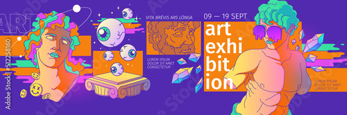 Art exhibition psychedelic poster with retro acid design illustration. Vector invitation rave banner to museum gallery with contemporary collage background with abstract sculpture, crystal and eyeball