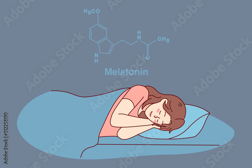 Calm woman sleeping in bed having melatonin hormone produced. Happy girl asleep at home, enjoying peaceful nap or dream. Healthy sleeping and science. Vector illustration. 