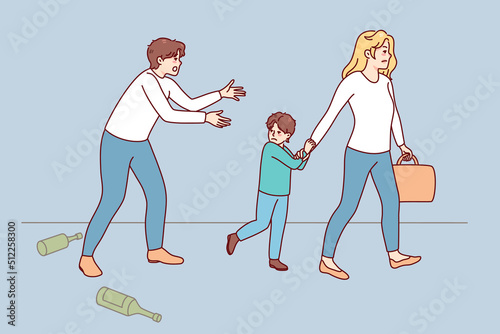 Woman take child leave alcoholic husband. Wife with small kid go away from addicted father. Alcohol addiction and family divorce. Vector illustration. 