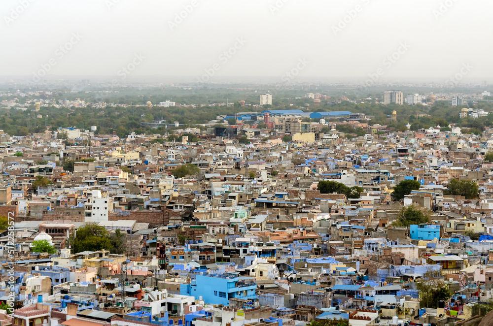 View of The Blue City in Jodhpur, India taken from Mehrangarh Fort