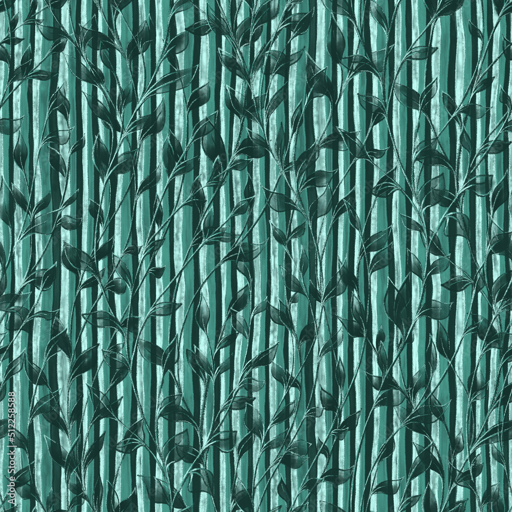 Nature seamless pattern. Twigs with transparent dark green leaves on textured striped background. Template for design, textile, wallpaper, ceramics. Nature seamless pattern. Twigs with transparent dark green leaves on textured striped background. Template for design, textile, wallpaper, ceramics.