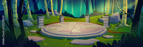 Ancient celtic round stone platform with pillars in green forest. Vector cartoon illustration of woods landscape with birch trees and old abandoned sacred altar with pagan symbols