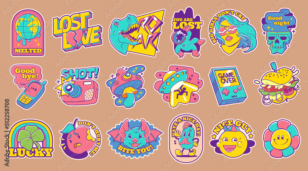 Trendy retro stickers with ufo, flower, mushroom, camera, dinosaur and girl. Vector set of contemporary comic patches with hamburger, globe, bat, skull and apple