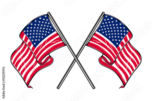 Illustration of crossed american flags. Design element for poster, card, banner, sign, logo. Vector illustration
