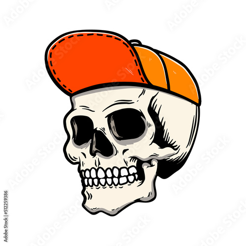 Illustration of a skull in skateboarder cap. Design element for poster, card, banner, sign. Vector illustration