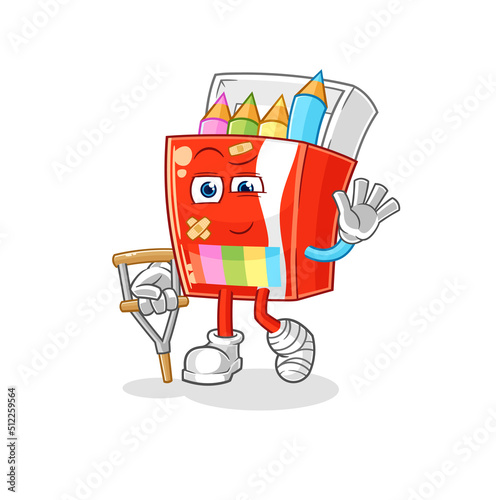 colored pencils sick with limping stick. cartoon mascot vector