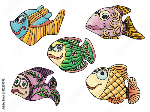 Set with bright fish on a white background. Decorative stylization.