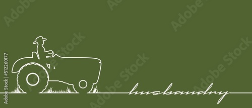 Agricultural machinery. Vehicle for field farm work. Industrial tractor transport with driver thin line icon. Husbundry word. Continuous line