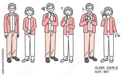 様々な表情のシニア夫婦のベクターイラスト素材／悩む／解決／老夫婦
