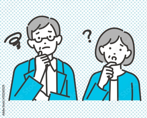 悩んだり疑問を持つシニア夫婦のベクターイラスト素材／悩む／解決／老夫婦