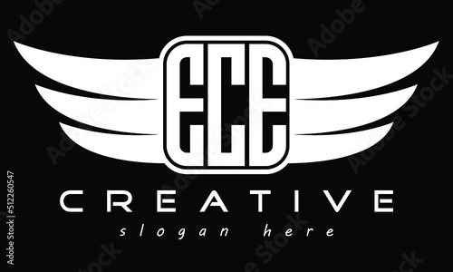 ECE Three letter Wing minimal typography font Monogram emblems flying logo Design. Vector template photo