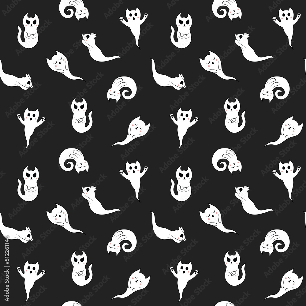 Cute cat ghosts seamless pattern. Halloween fun ghost kittens Cute cat ghosts seamless pattern. Halloween fun ghost kittens