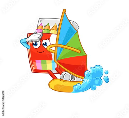 colored pencils windsurfing character. mascot vector