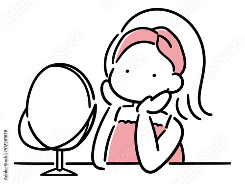 お風呂上がりに肌のコンディションを確認する女の子のおしゃれな線画イラスト