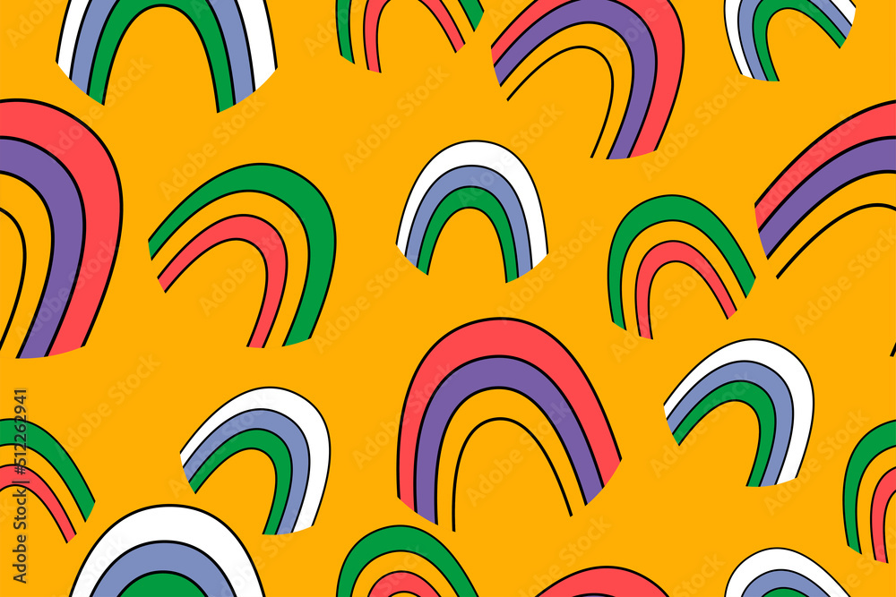 Fototapeta premium vector pattern of hand drawn trendy cartoon elements, rainbow icons with different colors, summer retro print
