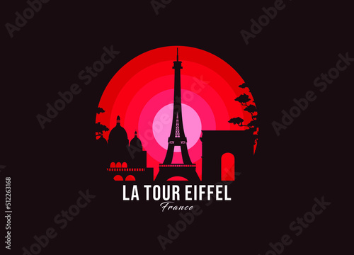Eifel on France symbol. Modern moonlight logo of largest country vector illustration. Landscape design of memorial place illustration. Eps 10