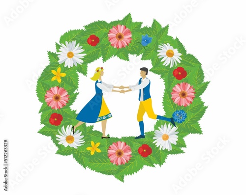 Woman and men dressed in traditional old Swedish (Sweden) clothing dancing in a wreath of flowers. Vector illustration. Isolated on white on separate layers.