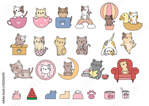 Fototapeta Naklejka Na Ścianę i Meble -  Cute Cartoon cat characters collection.
, yoga and emotions  Flat color simple style design.
vector illustration