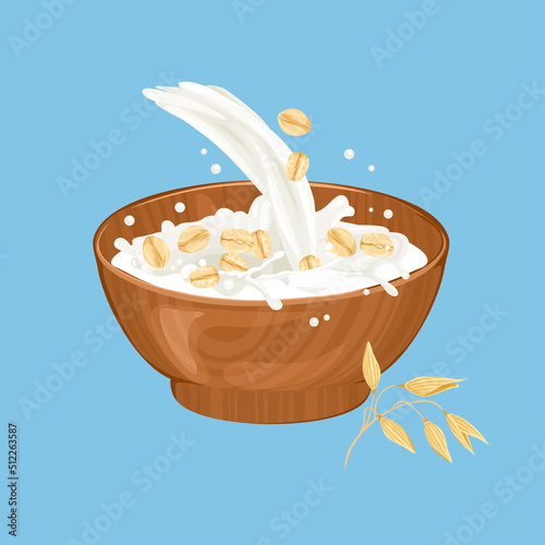 Oat flakes and splashing milk. Vector cereal breakfast. Cartoon bowl with healthy food.