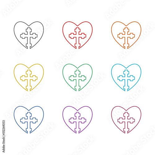 Christian cross heart icon isolated on white background. Set icons colorful