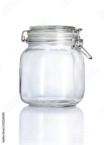 Empty clear glass jar in front view, and reflection isolated on white background, Suitable for Mock up creative graphic design, clipping path.