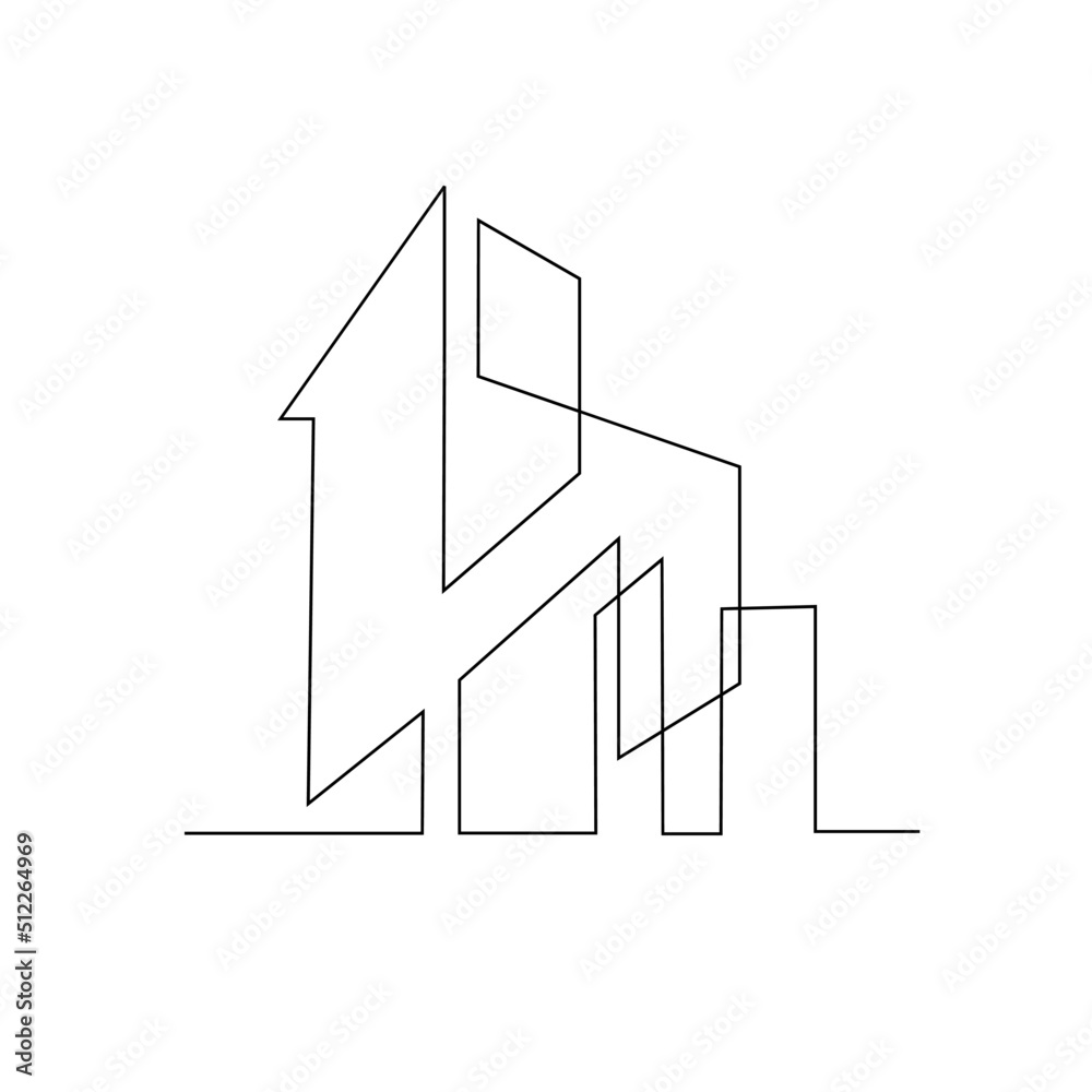 Continuous one line drawing Modern house logo vector isolated white background