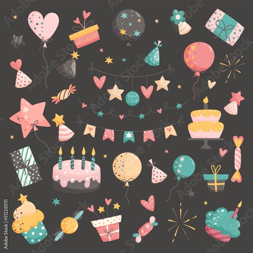 Set of vector birthday party elements on black background. Vector illustration in hand drawn flat style.