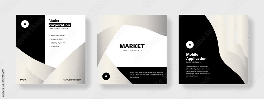 minimal monochromatic business social media, layered white editable layouts for instagram and facebook, black contrast, square templates for company, corporate graphic with place for add text