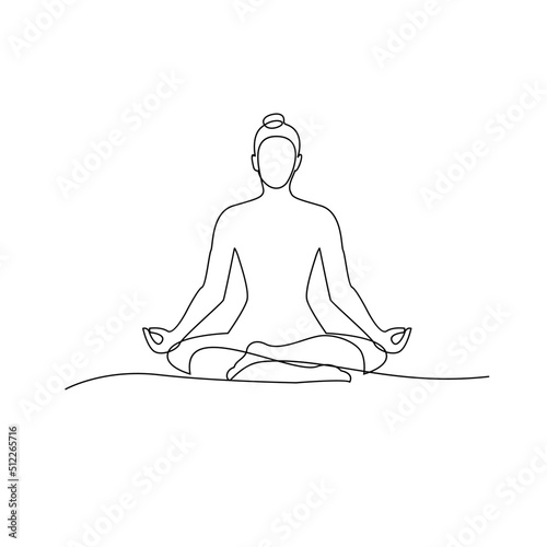 Continuous one line drawing. Woman sitting yoga pose cross legged meditating. Vector illustration