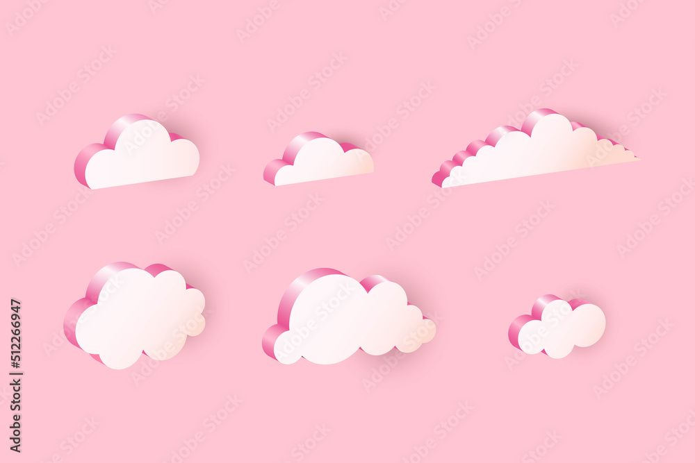 3D pink clouds. Realistic icon set, geometric shapes in sunset sky, communication balloon, web internet symbol, meteorology climate element, decorative objects vector isolated illustration