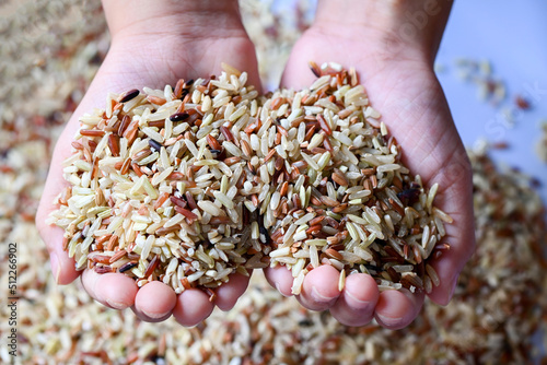 brown rice on child hand is carrying a pile of rice in the hand Islamic fitrah zakat concept , Muslims to help the poor and needy, help donate food concept photo