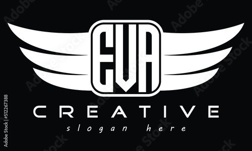 EVA Three letter Wing minimal typography font Monogram emblems flying logo Design. Vector template