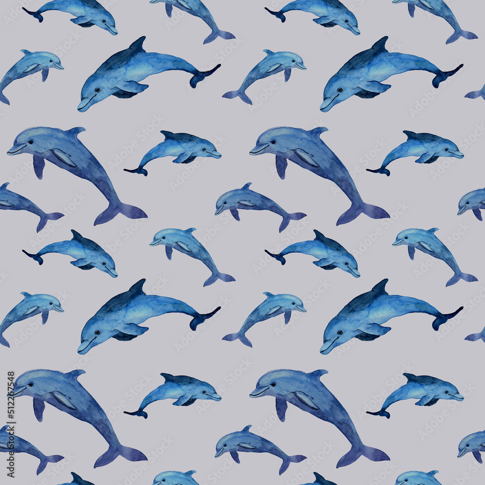 Fototapeta premium Seamless watercolor pattern of dolphins on gray field. Ocean animal family background. Animal in cartoon style. Design for covers, backgrounds, decorations, stickers, labels.