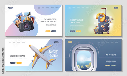 Set of web pages for Travel, tourism, adventure, journey, airport. Vector illustration for banner, poster, website, advertising.