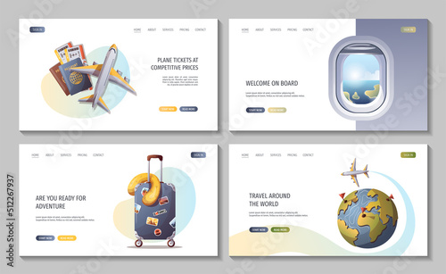 Set of web pages for Travel, tourism, adventure, journey, airport. Vector illustration for banner, poster, website, advertising.