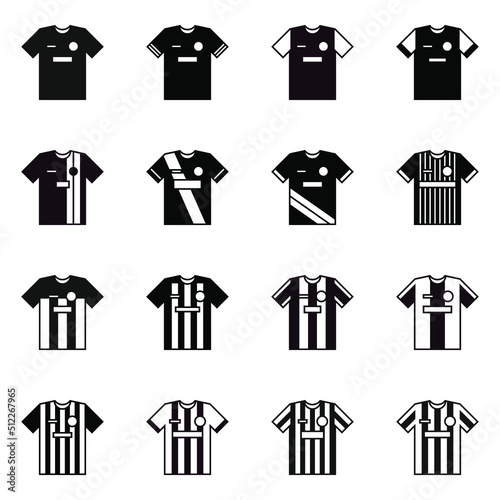 Sixteen vector templates of black football jerseys on a white background