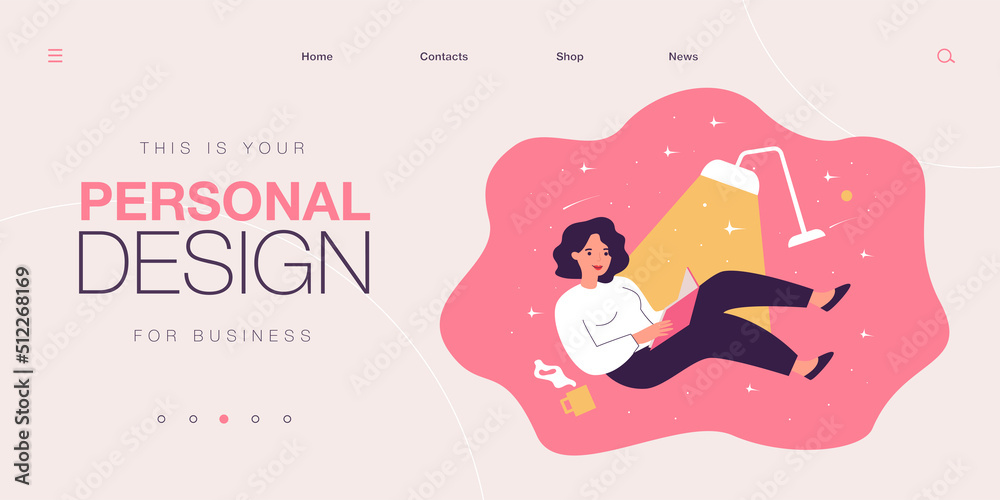 Happy cartoon woman reading and fantasizing at night. Flat vector illustration. Girl character flying in magic space with illuminating lamp, book, cup of tea. Reading, literature, imagination concept