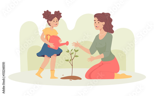 Mother and daughter watering tree flat vector illustration. Happy child holding watering pot, taking care of plant growing in garden, spending time with parent. Ecology, family, gardening concept