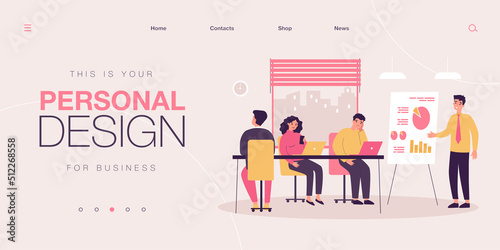 Speaker making boring presentation in office. Male manager character giving lecture with whiteboard to tiresome audience. Cartoon vector illustration. Meeting, training, team concept