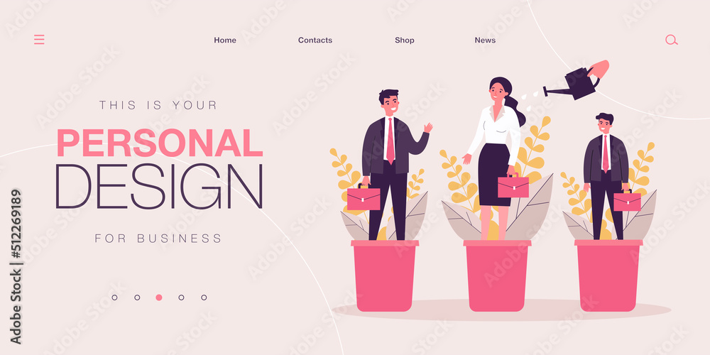 Career training concept. Employees standing in flowerpots, hand watering plants and people. Vector illustration for business professionals growth and development topics Career training concept. Employees standing in flowerpots, hand watering plants and people. Vector illustration for business professionals growth and development topics