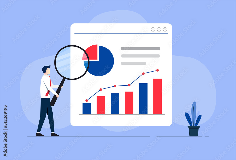 Businessman holding a magnifying glass and graph, reports icon. Data analysis and business analytics concept
