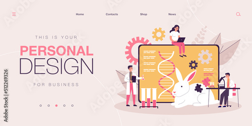 Genetic engineering researcher scientist group. Man and woman researchers and experiment with animal dna and gen. Future medicine, biology, zoology and genetic. Flat colorful vector illustration