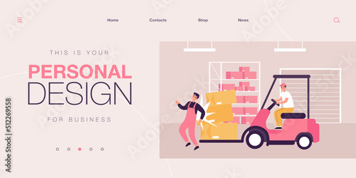 Factory worker getting injured in warehouse. Man on forklift truck causing accident flat vector illustration. Compensation, risk insurance concept for banner, website design or landing web page
