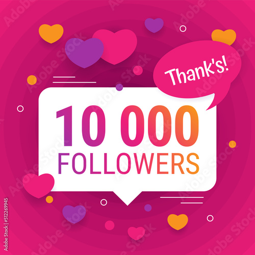Square banner 10 000 followers, on a pink background with hearts. Social media poster