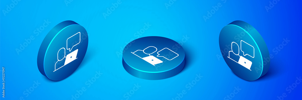Isometric Freelancer icon isolated on blue background. Freelancer man working on laptop at his house. Online working, distant job concept. Blue circle button. Vector Isometric Freelancer icon isolated on blue background. Freelancer man working on laptop at his house. Online working, distant job concept. Blue circle button. Vector