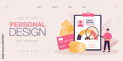 Male businessman with money and credit report. Bank finance document and money concept.Flat vector colorful illustration of bank account report, credit score for presentation or web page