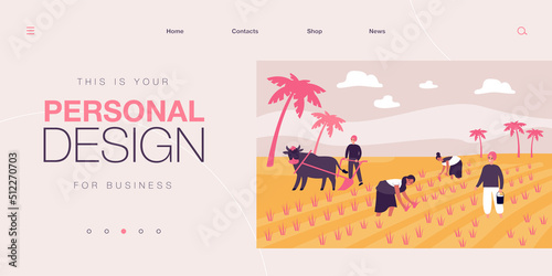 Cartoon people working on Indian farm flat vector illustration. Indian male and female farmers in paddy field tilling the ground surrounded by palms of village. India, farm, agriculture concept