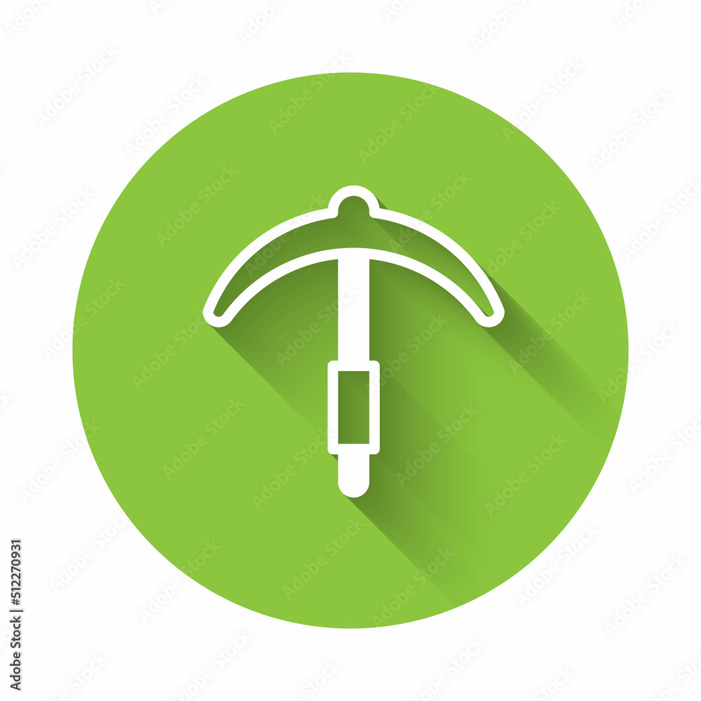 White Pickaxe icon isolated with long shadow background. Green circle button. Vector